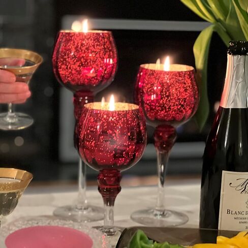 Spectacular Cape Cod Long Stem Goblet Candle Holders, Set of 3, Red with Silver, Clear Risers, Lacquered Glass, 11.75, 9.75 and 7 Inches Tall in Saudi Arabia