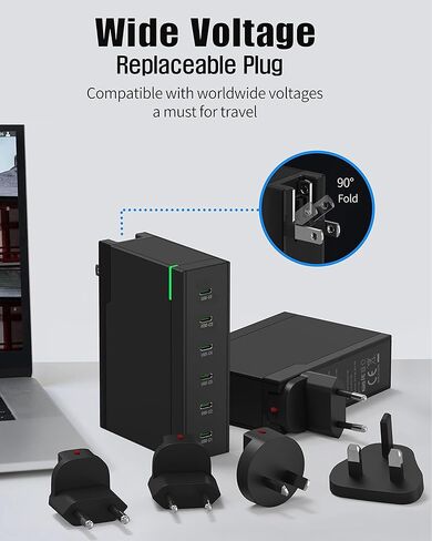 شاحن جداري USB C بقوة 200 واط GaN 6 منافذ من النوع C شحن سريع 100 واط PD 3.0 PPS محول طاقة USB C لسطح المكتب مع جهاز MacBook Pro/Air iPad iPhone 14 13 12 Pro Max Galaxy S23/22/21 Pixel in Kuwait