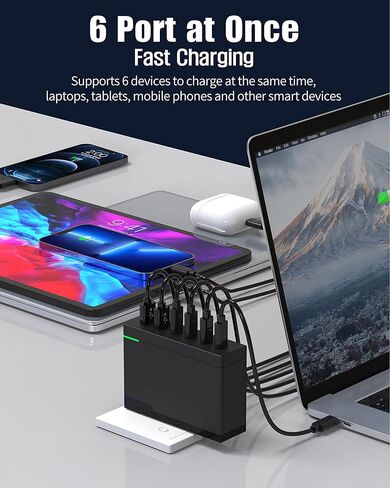 شاحن جداري USB C بقوة 200 واط GaN 6 منافذ من النوع C شحن سريع 100 واط PD 3.0 PPS محول طاقة USB C لسطح المكتب مع جهاز MacBook Pro/Air iPad iPhone 14 13 12 Pro Max Galaxy S23/22/21 Pixel in Kuwait