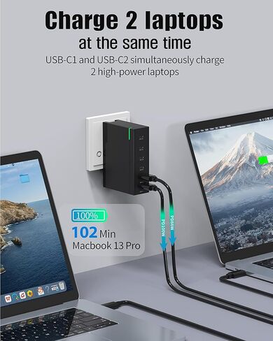 شاحن جداري USB C بقوة 200 واط GaN 6 منافذ من النوع C شحن سريع 100 واط PD 3.0 PPS محول طاقة USB C لسطح المكتب مع جهاز MacBook Pro/Air iPad iPhone 14 13 12 Pro Max Galaxy S23/22/21 Pixel in Kuwait