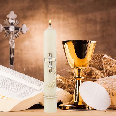 شمعة مستدقة مزينة يدويًا من First Holy Communion مع تصميم الكأس والصليب والمضيف، هدايا كاثوليكية للفتيات والفتيان، لوازم الكنيسة شموع طويلة، 9.75 بوصة in Saudi Arabia