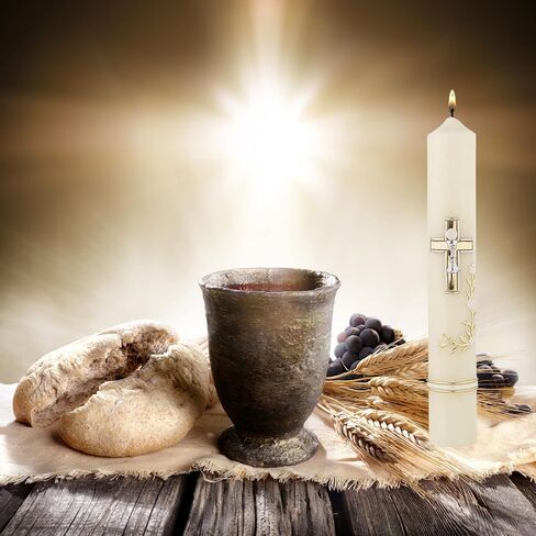شمعة مستدقة مزينة يدويًا من First Holy Communion مع تصميم الكأس والصليب والمضيف، هدايا كاثوليكية للفتيات والفتيان، لوازم الكنيسة شموع طويلة، 9.75 بوصة in Saudi Arabia