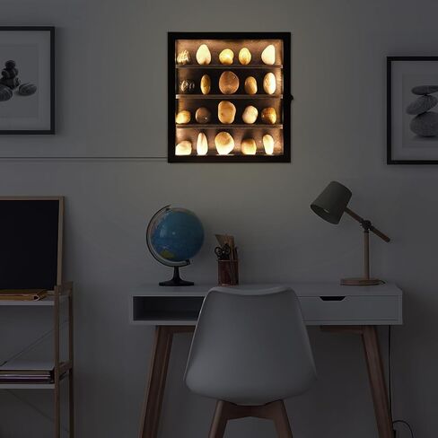 حافظة عرض روك مع ضوء LED، حامل كريستال لعرض الأحجار، صندوق تخزين أحجار كريمة كريستال، عرض مجموعة الصخور، صندوق ظلال عرض كريستال مثبت على الحائط، إطار خشبي in Kuwait