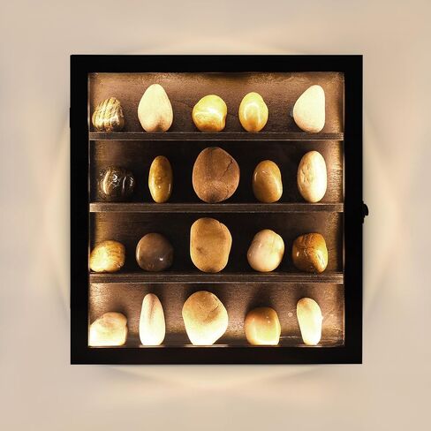 حافظة عرض روك مع ضوء LED، حامل كريستال لعرض الأحجار، صندوق تخزين أحجار كريمة كريستال، عرض مجموعة الصخور، صندوق ظلال عرض كريستال مثبت على الحائط، إطار خشبي in Kuwait