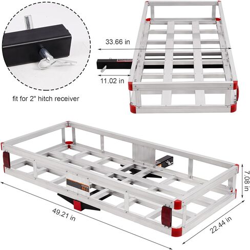حامل شحن Hitch Cargo مقاس 49.4 × 22.4 × 7.1 بوصة، سلة شحن من الألومنيوم مثبتة على المقطورة تناسب جهاز استقبال وصلة 2 بوصة، رف حامل الأمتعة للمركبات الترفيهية والشاحنات والشاحنات الصغيرة بسعة 500 رطل، فضي in Kuwait
