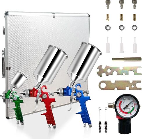 Gravity Air Spray Gun Set HVLP, 0.8mm&1.4mm&1.7mm Needle Nozzle Set, Auto Gravity Feed Spray Gun with Air Regulator, Automotive Paint Spray Gun for Various Paint Spray Painting Projects in Saudi Arabia