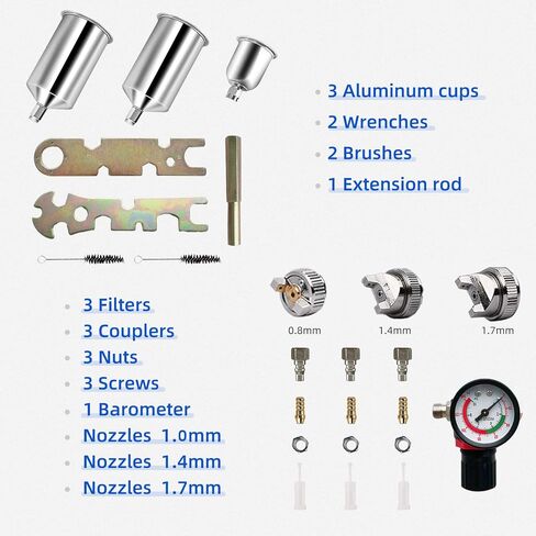 Gravity Air Spray Gun Set HVLP, 0.8mm&1.4mm&1.7mm Needle Nozzle Set, Auto Gravity Feed Spray Gun with Air Regulator, Automotive Paint Spray Gun for Various Paint Spray Painting Projects in Saudi Arabia