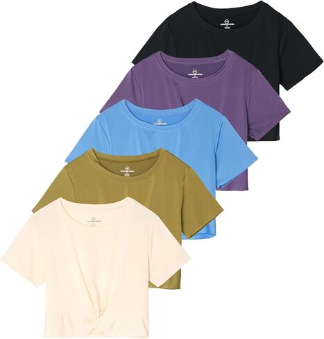5 Pack: Women's Short Sleeve Twist Front Crop Top Dry-Fit Athletic Crew Neck T-Shirt (Available in Plus) in Saudi Arabia