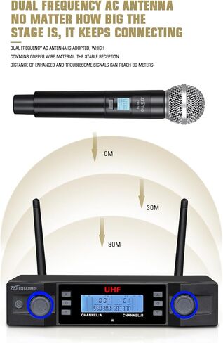 نظام ميكروفون لاسلكي 200 قناة، مجموعة ميكروفون لاسلكي مزدوج UHF معدني، مسافة طويلة 160-250 قدم، تردد المسح التلقائي، يستخدم لغناء الكاريوكي، والحفلات العائلية، والكنيسة (ZM830) in Saudi Arabia