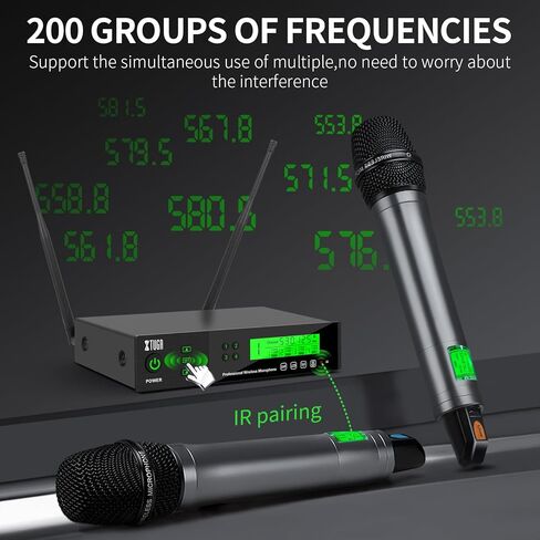 نظام ميكروفون لاسلكي XTUGA M400 ذو 4 قنوات UHF مع تردد قابل للاختيار 200، ميكروفون لاسلكي 4 ميكروفون محمول مع وظيفة الأشعة تحت الحمراء/شاشة القفل، هيكل معدني 328 قدم للكنيسة، والحفلات، والمناسبات الخارجية in Kuwait