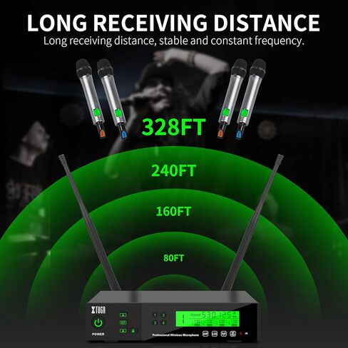 نظام ميكروفون لاسلكي XTUGA M400 ذو 4 قنوات UHF مع تردد قابل للاختيار 200، ميكروفون لاسلكي 4 ميكروفون محمول مع وظيفة الأشعة تحت الحمراء/شاشة القفل، هيكل معدني 328 قدم للكنيسة، والحفلات، والمناسبات الخارجية in Kuwait