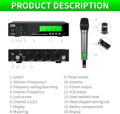 نظام ميكروفون لاسلكي XTUGA M400 ذو 4 قنوات UHF مع تردد قابل للاختيار 200، ميكروفون لاسلكي 4 ميكروفون محمول مع وظيفة الأشعة تحت الحمراء/شاشة القفل، هيكل معدني 328 قدم للكنيسة، والحفلات، والمناسبات الخارجية in Kuwait