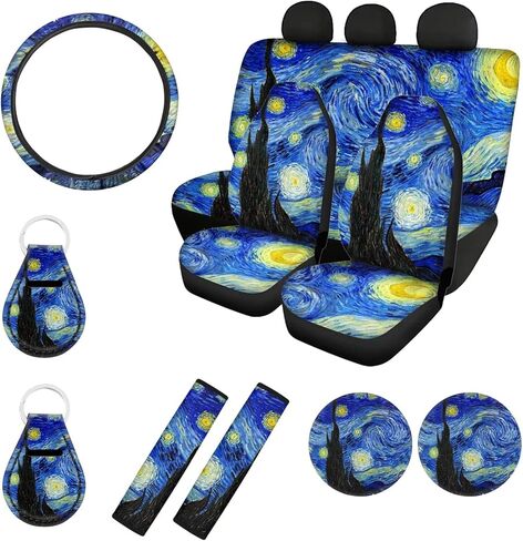 مجموعة إكسسوارات السيارة الداخلية من WELLFLYHOM للرجال والنساء، طباعة Van Gogh Starry Night، أغطية مقاعد السيارة الأمامية والخلفية + أغطية عجلة القيادة + غطاء حزام الأمان + حامل أكواب + سلاسل مفاتيح تلقائية in Kuwait