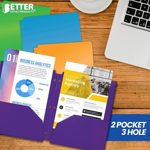 Better Office Products 3 Hole Punch Pocket Folders, Heavyweight Plastic 2 Pocket Folders, Bulk Pack, Assorted Bright Neon Colors, Letter Size, with Business Card Slot,(6 Pack) in Saudi Arabia