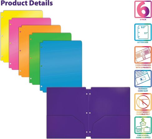 Better Office Products 3 Hole Punch Pocket Folders, Heavyweight Plastic 2 Pocket Folders, Bulk Pack, Assorted Bright Neon Colors, Letter Size, with Business Card Slot,(6 Pack) in Saudi Arabia