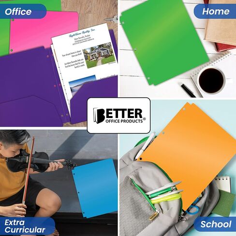 Better Office Products 3 Hole Punch Pocket Folders, Heavyweight Plastic 2 Pocket Folders, Bulk Pack, Assorted Bright Neon Colors, Letter Size, with Business Card Slot,(6 Pack) in Saudi Arabia
