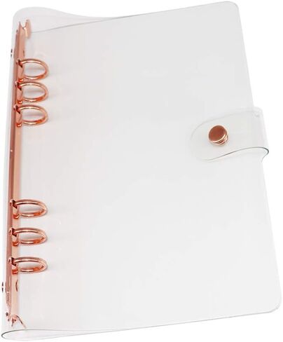 غطاء غلاف PVC لامع مقاس A5 شخصي، غلاف دفتر ملاحظات PVC ناعم وشفاف، 6 مجلدات دائرية دائرية من الذهب الوردي مع زر إغلاق، مجلدات أوراق فضفاضة (A5 شخصي، غطاء لامع + غلاف ذهبي وردي) in Kuwait