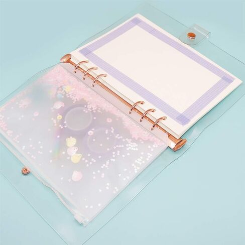 غطاء غلاف PVC لامع مقاس A5 شخصي، غلاف دفتر ملاحظات PVC ناعم وشفاف، 6 مجلدات دائرية دائرية من الذهب الوردي مع زر إغلاق، مجلدات أوراق فضفاضة (A5 شخصي، غطاء لامع + غلاف ذهبي وردي) in Kuwait