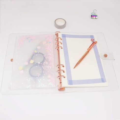 غطاء غلاف PVC لامع مقاس A5 شخصي، غلاف دفتر ملاحظات PVC ناعم وشفاف، 6 مجلدات دائرية دائرية من الذهب الوردي مع زر إغلاق، مجلدات أوراق فضفاضة (A5 شخصي، غطاء لامع + غلاف ذهبي وردي) in Kuwait