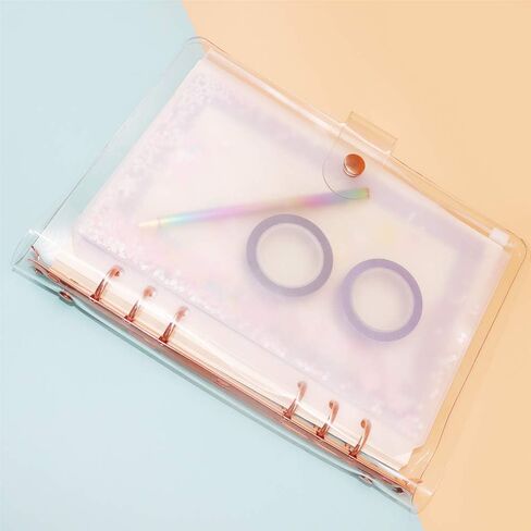 غطاء غلاف PVC لامع مقاس A5 شخصي، غلاف دفتر ملاحظات PVC ناعم وشفاف، 6 مجلدات دائرية دائرية من الذهب الوردي مع زر إغلاق، مجلدات أوراق فضفاضة (A5 شخصي، غطاء لامع + غلاف ذهبي وردي) in Kuwait