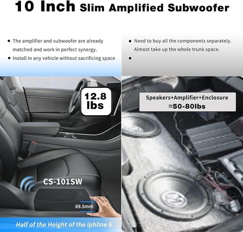 ATOTO CS-101SW مضخم صوت سيارة نحيف يعمل بالطاقة مقاس 10 بوصات مع أمبير مدمج، مضخم صوت مدمج تحت المقعد، صوت سيارة 400 وات مع مدخلات منخفضة وعالية المستوى، جهاز تحكم فرعي عن بعد in Kuwait