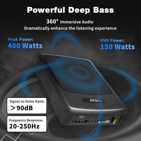 ATOTO CS-101SW مضخم صوت سيارة نحيف يعمل بالطاقة مقاس 10 بوصات مع أمبير مدمج، مضخم صوت مدمج تحت المقعد، صوت سيارة 400 وات مع مدخلات منخفضة وعالية المستوى، جهاز تحكم فرعي عن بعد in Kuwait