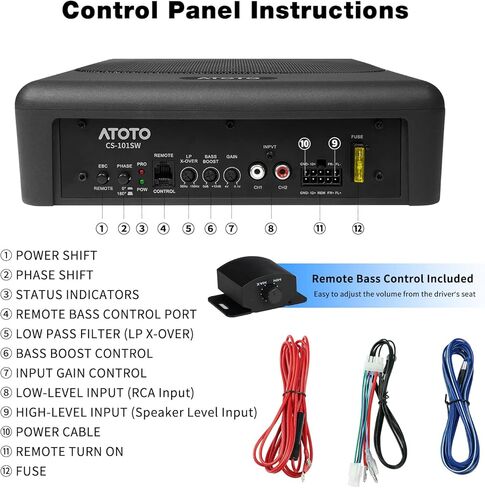 ATOTO CS-101SW مضخم صوت سيارة نحيف يعمل بالطاقة مقاس 10 بوصات مع أمبير مدمج، مضخم صوت مدمج تحت المقعد، صوت سيارة 400 وات مع مدخلات منخفضة وعالية المستوى، جهاز تحكم فرعي عن بعد in Kuwait