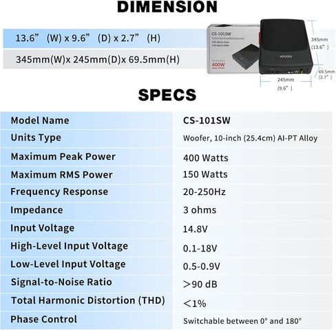 ATOTO CS-101SW مضخم صوت سيارة نحيف يعمل بالطاقة مقاس 10 بوصات مع أمبير مدمج، مضخم صوت مدمج تحت المقعد، صوت سيارة 400 وات مع مدخلات منخفضة وعالية المستوى، جهاز تحكم فرعي عن بعد in Kuwait