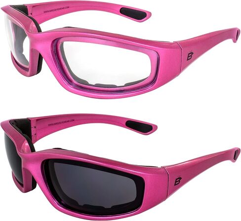 2 Pairs of Birdz Eyewear Oriole Anti-Fog Padded Motorcycle Sunglasses for Women Scratch-Resistant Pink Frames w/Clear & Smoke Lenses in Saudi Arabia