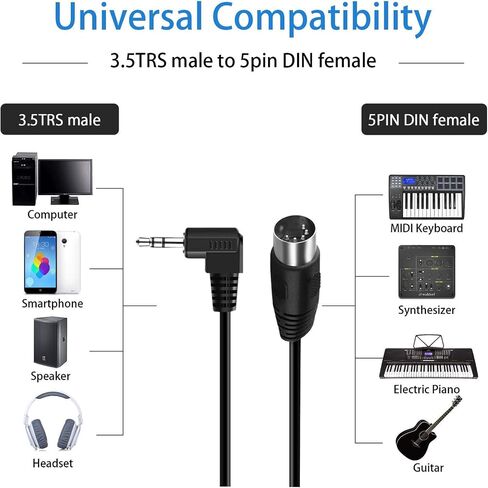 كابل 5 Pin DIN، MIDI Din 5 Pin ذكر إلى 90 درجة 3.5 مم 1/8 بوصة ذكر TRS كابل صوت جاك ستيريو لمكبر الصوت، مكبر الصوت، المزيج، لوحة مفاتيح MIDI (0.5M/1.7FT) in Saudi Arabia