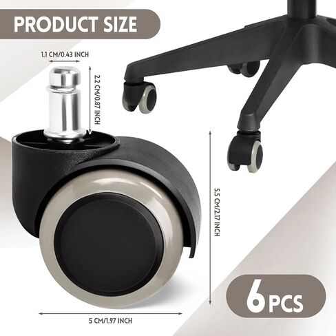 6 عبوات من عجلات كراسي المكتب عجلات مطاطية عجلات عالمية صامتة للأرضيات الصلبة والسجاد، عجلات شديدة التحمل تدعم ما يصل إلى 1000 رطل in Kuwait