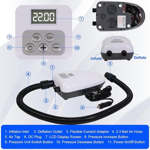 مضخة لوح مجداف، مضخة كهربائية SUP، ضاغط هواء محمول 20PSI-22PSI مع إيقاف تلقائي، وظيفة الانكماش، منفاخ ومفرغ للنفخ والقوارب والزوارق in Kuwait