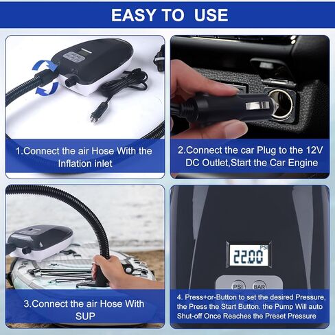 مضخة لوح مجداف، مضخة كهربائية SUP، ضاغط هواء محمول 20PSI-22PSI مع إيقاف تلقائي، وظيفة الانكماش، منفاخ ومفرغ للنفخ والقوارب والزوارق in Kuwait