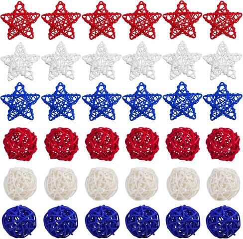 STMK 36 Pcs 4th of July Rattan Balls Decorations, 2 Inch Star Shaped Wicker Balls & Red White and Blue Wicker Balls for 4th of July DIY Vase Bowl Filler Ornament Table Decorations in Saudi Arabia
