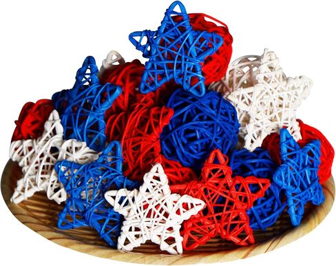 STMK 36 Pcs 4th of July Rattan Balls Decorations, 2 Inch Star Shaped Wicker Balls & Red White and Blue Wicker Balls for 4th of July DIY Vase Bowl Filler Ornament Table Decorations in Saudi Arabia