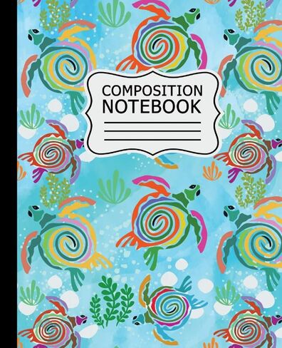 Composition Notebook: Colorful Abstract Sea Turtles on Light Blue Background - 7.5" X 9.25" 110 Pages Wide Ruled in Kuwait