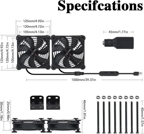 Dual 120mm Fan with 10 Speed USB 5V Fan DC 12V IPX5 Waterproof Fan PC Fan Portable Cooling Fan for Tablet TV Receiver Router DVR Xbox Greenhouse Kennel Computer Cabinet Component Cooling in Saudi Arabia