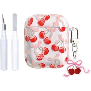 Compatible for Airpods Pro 2 Case (2022)/ Airpods Pro 1st Generation(2019) Case Soft TPU with Cleaner Kit Cute Cherry Bow Design Shockproof Cherry Bow Keychain Cover for Girls Woman-Red