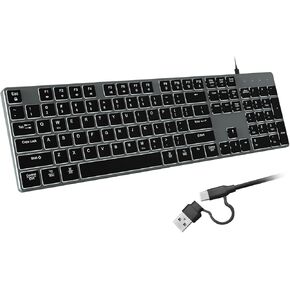 Wired Backlit Keyboard for Windows/Mac,Aluminum Slim & Quite Full Size Keyboards Light Up with USB A/USB C Dual Interface,Compatible with iMac,MacBook,iPad,Laptop,PC-Gray Black