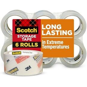 Scotch Long Lasting Storage Packaging Tape, 1.88" x 54.6 yd, Designed for Storage and Packing, Stays Sealed in Weather Extremes, 3" Core, Clear, 6 Rolls (3650-6)