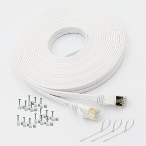 Cat7 Ethernet Cable 50 ft, Triple Shielded 10Gbps 600MHz Ultra Flat LAN Patch Cable with Industrial Gold-Plated Connectors, All-Weather, Waterproof for Gaming, Streaming, Outdoor Use, White