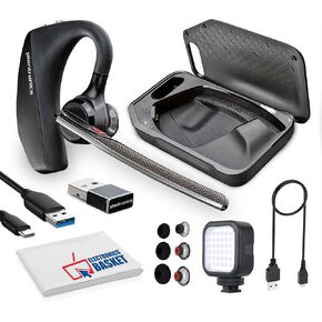 Plantronics Poly Voyager 5200 UC Bluetooth Headset (7K2F3AA) Bundle Including: Led Light, Type-C to Type-A Cable, Small, Medium, Large Ear Tips, Charging Case, Charging Cable