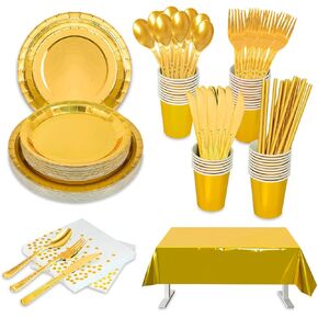 175 Pieces Gold Disposable Party Dinnerware Set - Gold Paper Plates Napkins Cups, Gold Plastic Forks Knives Spoons for 25 Guests