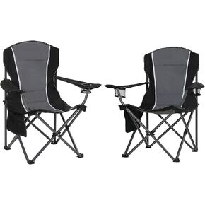 Oversized Camping Folding Chair, Heavy Duty Outdoor Chair with Armrest, Portable Lawn Chair with Cup Holder for Adults Support 350 LBS, 2 Pack, Gray-Black