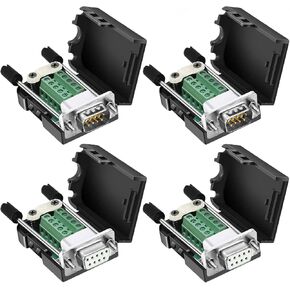 DB9 Male Connector，4Pack DB9 Breakout Connector Solderless RS232 D-SUB DB9 Male Screw Terminal Block with Case Long Bolts Tail Pipe