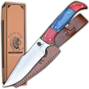Custom Handmade Stainless Steel Hunting Knife, Unique Colorful Wood Handle, and Premium Leather Sheath – 5" Blade, 5" Handle, Lightweight 12.6 oz