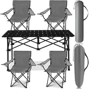 5 Pcs Summer Portable Camping Chair and Folding Camping Table Set Outdoor Oxford Fabric Folding Chair Lawn Portable Camp Table with Cup Holder Carry Bag for Travel Fishing Sport(Army Green)