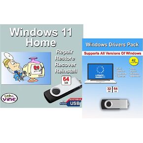 9th & Vine متوافق مع Windows 11 Home 32/64 بت USB مع المفتاح. تثبيت وترقية واسترداد وإصلاح واستعادة بالإضافة إلى سائقي Windows USB. 2 عبوة