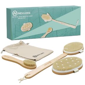 Nevlers Natural Boar Bristle Body Brush Set with Detachable Cellulite Massage Brush and Long Wooden Handle for Dry Brushing Perfect Kit to Exfoliate and Get Rid of Cellulite