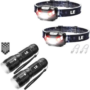 Lighting EVER Bundle - 2 Items: 2 Pack LED Headlamp Rechargeable for Running Camping Hiking & 2 Pack LED Flashlight LE1000 High Lumens